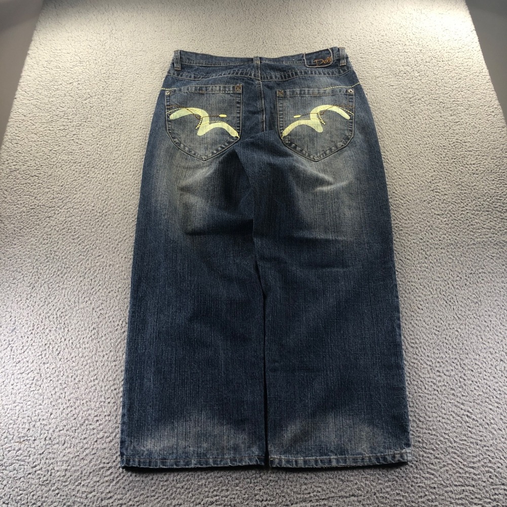 Vintage Delf Jeans Mens 36x30 Blue Baggy Embroidered Faded Wide Leg Skater Y2K